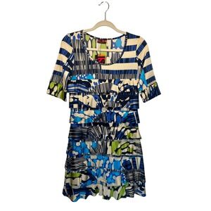 Isle by Melia‎ Kazan Blue Plates Abstract Print Tiered Dress Womens Small